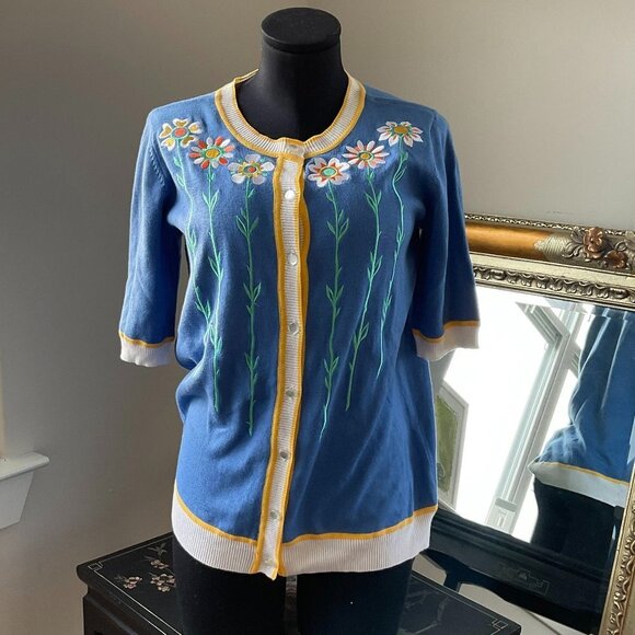 Bob Mackie Floral Embroidered Button-Up Crew Neck Cardigan Sweater Size S Blue - Picture 1 of 3